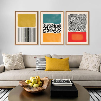 HLNIUC Large Mid Century Modern Wall Art Framed 16x24, Boho Abstract 3 Piece Canvas Decor, Mcm Vintage Bohemian Color Block Painting, Geometric Line Art Print for Living Room, Bedroom, Office