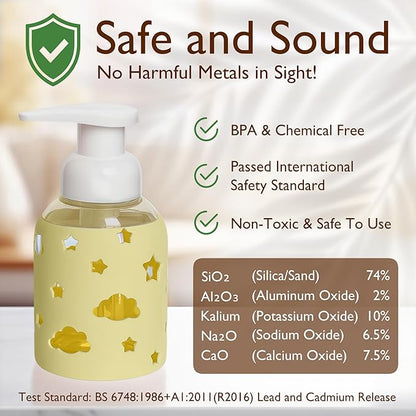 SoCal Suds & Company Glass Foaming Hand Soap Dispenser, Soft Grip Silicone Sleeve, Refillable Pump Bottle for Kids, Baby Wash & Shampoo, Ideal for Home Use, Light Yellow 8oz