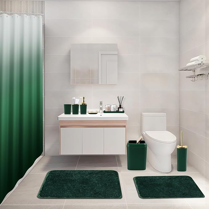 Bathroom Set - Dark Green Bathroom Sets with Shower Curtain and Rugs, 24PCS Shower Curtain Set with Hooks, Soap Dispenser, Soap Dish, Toilet Brush Holder and Trash Can for Housewarming