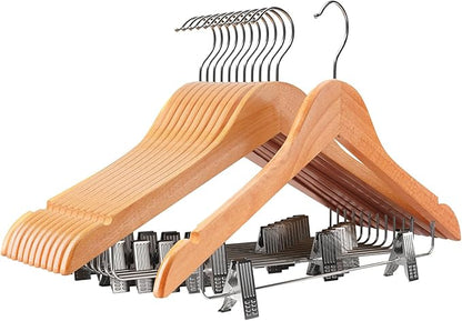 Wooden Hangers with Clips 24 PCS Pants Hangers with Clips,Smooth Solid Wooden Pants Hangers,360 Swivel Hooks & Adjustable Clips,for Jeans,Skirt,Suit,Shorts,Scarf.