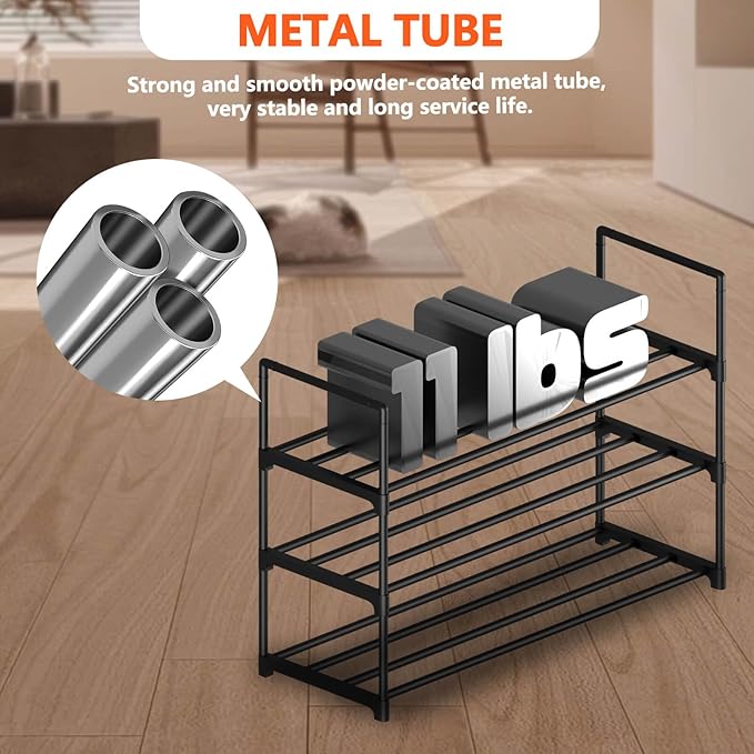 3 Tiers Metal Shoe Rack,Adjustable Shoe Shelf Storage Organizer,Stackable Boot & Shoe Storage,for Entryway,Hallway,Closet,Black