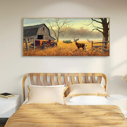 XLSJERST Extra Large Deer Wall Art for Living Room Canvas Prints Decor Decoration Country Tractor Rustic Wildlife Cabin Hunting Picture Glass Surface Artwork Ready to Hang for Bedroom Home Office - 70x31