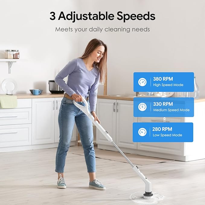 Electric Spin Scrubber, 2025 New Cordless Cleaning Brush, Shower Cleaning Brush with 7 Replaceable Brush Heads, Power Scrubber 3 Adjustable Speeds, Detachable Long Handle & IPX7 Waterproof