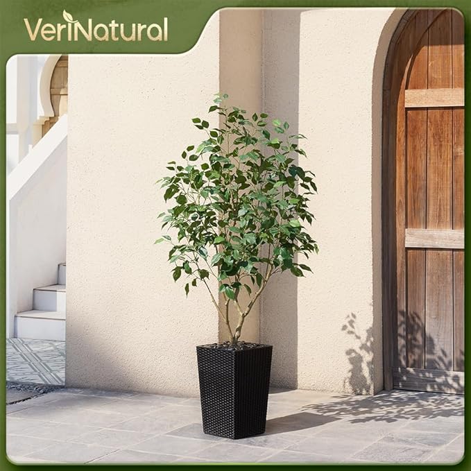 5ft Tall Artificial Ficus Tree in Black Planter with Pebbles | UV Resistant Faux Tree for Indoor & Outdoor | Realistic Floor Plant Decor for Home, Office (VN128)