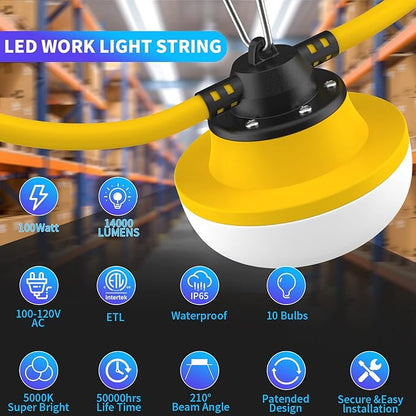 Construction String Lights 100FT with 10 Bulbs 100W 14000Lm Industrial LED String Work Lights 5000K Super Bright Temporary Lighting,for Construction Sites,Renovation, Jobsite,and All Outdoor Lighting