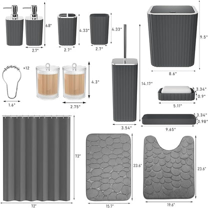 Bathroom Accessories Set- 25PC Grey Bathroom Set, Bathroom Set with Shower Curtain and Rugs, Shower Curtain Set, Toilet Brush, Trash Can, Qtip Holder Dispenser & Soap Dispenser