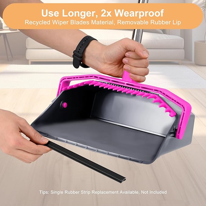 Stand Up Broom and Dustpan Set, Sturdy and Adjustable Dustpan with 51'' Long Handle, Heavy Duty Broom with Standing Dust Pan for Kitchen Garage Looby Pet Dog Hair - Rose Red