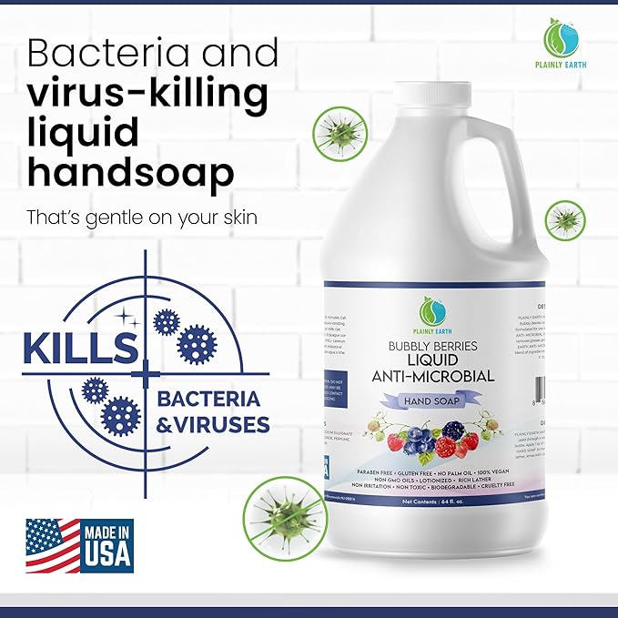 AntiMicrobial Hand Soap, 64 oz Bulk Refill - Antibacterial Hand Soap, Gentle, Scented Moisturizing Hand Soap for Kitchen and Bathroom - Bubbly Berries