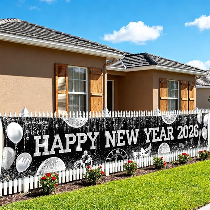 New Years Eve Banner for 2026, Silver and Black Happy New Year 2026 Backdrop Great New Year Decorations for Outdoor Indoor Home Wall 118x19.69inch