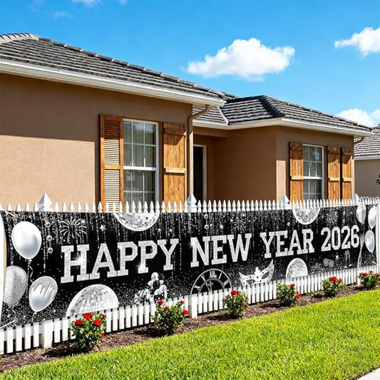 New Years Eve Banner for 2026, Silver and Black Happy New Year 2026 Backdrop Great New Year Decorations for Outdoor Indoor Home Wall 118x19.69inch