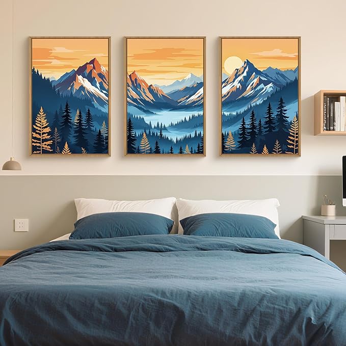 HLNIUC Boho Abstract Blue Orange Mountain Wall Art Framed, Large Pine Tree Ridge Wall Decor set of 3 (24"x36"), Sunset Forest Landscape Canvas Painting, Nature Prints for Living Room, Bedroom, Office