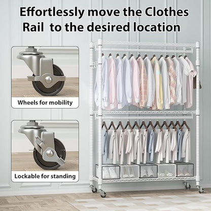 Homdox 3 Tier Heavy Duty Garment Rack with Wheels, Adjustable Wire Clothes Rack with Double Hanging Rods, Portable Closets for Hanging Clothes with Side Hooks, White