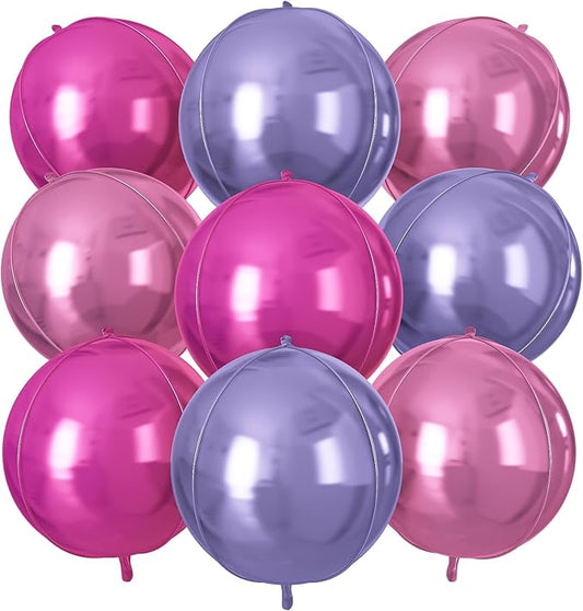Pink Purple Round Foil Balloons 9 pcs,Metallic Giant 4D Round Balloons 22 Inch for Birthday Baby Shower Wedding Princess Party Decorations