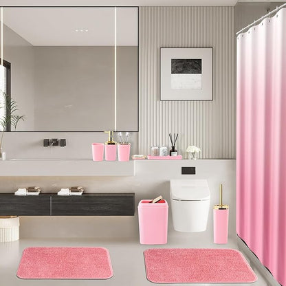 Bathroom Set - Pink Bathroom Sets with Shower Curtain and Rugs, 24PCS Shower Curtain Set with Hooks, Soap Dispenser, Soap Dish, Toilet Brush Holder and Trash Can for Housewarming