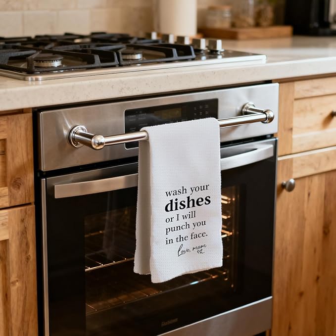 Funny Kitchen Dish Towels, Funny Gifts for Mom, Wash Your Dishes or I Will Punch You in The Face Decorative Hand Tea Towels for Kitchen Dining Room, 16x24 Inch