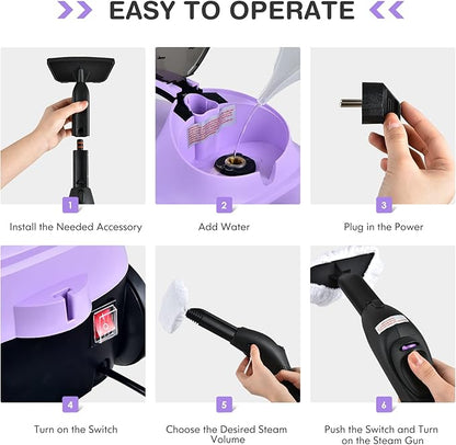 COSTWAY 2000W Multipurpose Steam Cleaner with 19 Accessories, Household Steamer w/ 1.5L Tank for Cleaning, Heavy Duty Rolling Cleaning Machine for Carpet, Floors, Windows and Cars (Purple)