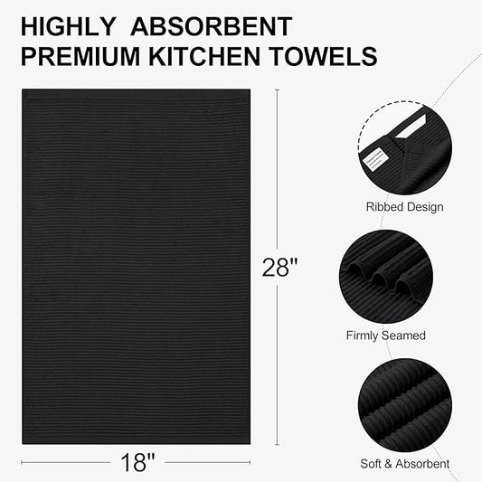 Homaxy Premium Kitchen Towels (18"x 28", 6 Pack), Large 100% Cotton Kitchen Hand Towels, Ultra Absorbent Ribbed Terry Tea Towels Set with Hanging Loop, Black