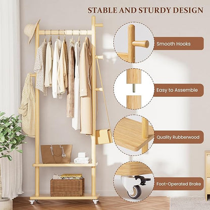 Coat Rack Freestanding Clothing Rack with Wheels & 2 Shelves Storage & 5 Hooks Heavy Duty Clothes Rack Wood Coat Tree Stand Hat Hanger Rack for Corner Bedroom Entryway Living Room Hotel Size L
