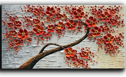YaSheng Art -Large Size hand-painted Oil Painting On Canvas Texture Palette Knife Red Flowers Paintings Modern Home Decor Wall Art Painting Colorful 3D Flowers Tree Paintings Ready to hang 24x60inch