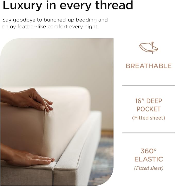Threadmill 100% Cotton Sheets for Full Size Bed - 600 Thread Count Full Bed Sheets Set with 16” Deep Pocket - Sateen Weave 4-Piece Bedding Set with Cooling Effect, Beige