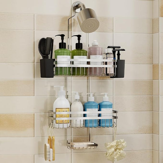 Shower Caddy Hanging for Bathroom Organizers and Storage, Adjustable Anti-Swing Shower Organizer for Wall-Mounted Showerhead with Heavy-Duty Suction Cups, Damage-Free Rustproof (Chrome)
