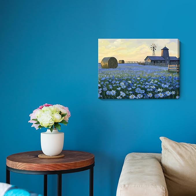 ARTZON Farmhouse Floral Wall Art – Rustic Bathroom Decor Artwork Horizontal Landscape Canvas Print, Barn Windmill with Blue Flower Daisies Field, Country Sunset Nature Scene Picture, Small 16x12 Inch