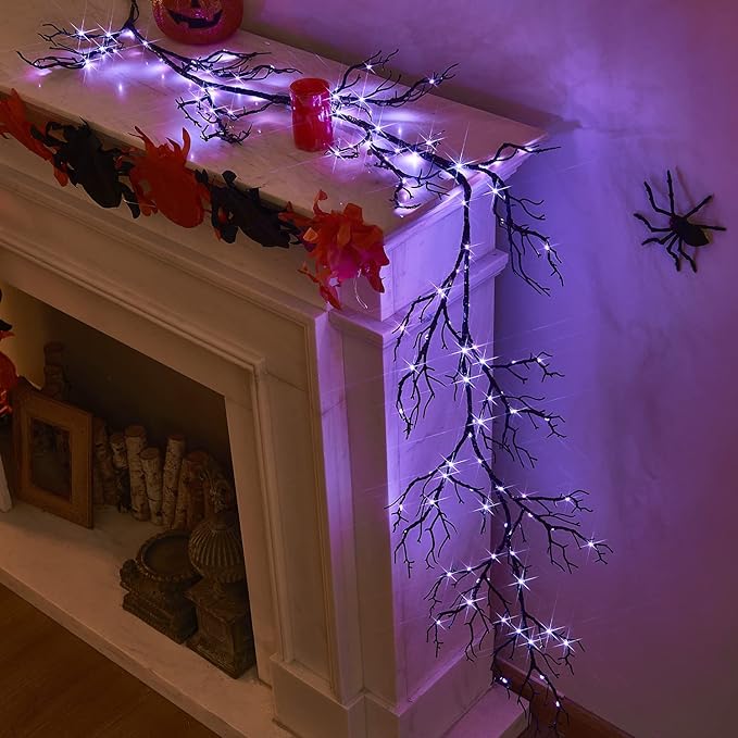 LITBLOOM Halloween Garland Lights 8 Functions 120 Orange and Purple Bi-Color Fairy Lights, Lighted Black Garland Battery Operated for Fall Halloween Decor Inside Outdoor