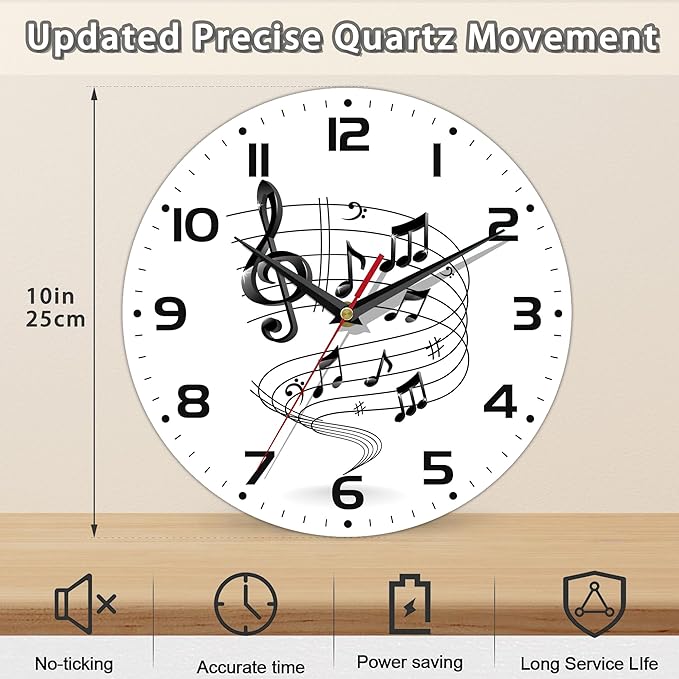 Music Notes Wall Clocks Wooden Wall Clock Art Hanging Clocks Silent Non-Ticking Wall Clock Battery Operated Round Home Arabic Numeral Decorative Wall Clocks 10 Inch