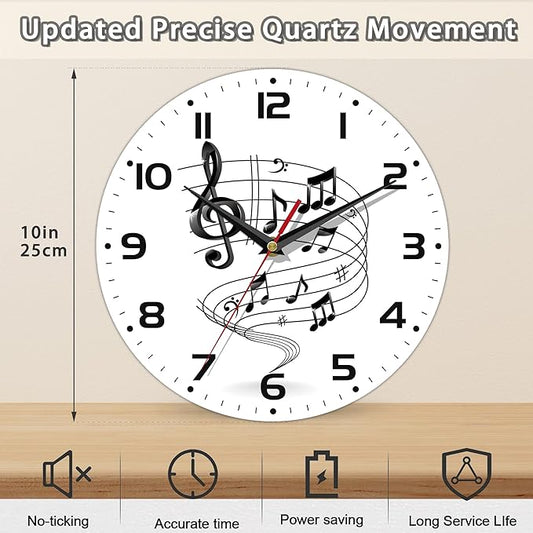 Music Notes Wall Clocks Wooden Wall Clock Art Hanging Clocks Silent Non-Ticking Wall Clock Battery Operated Round Home Arabic Numeral Decorative Wall Clocks 10 Inch