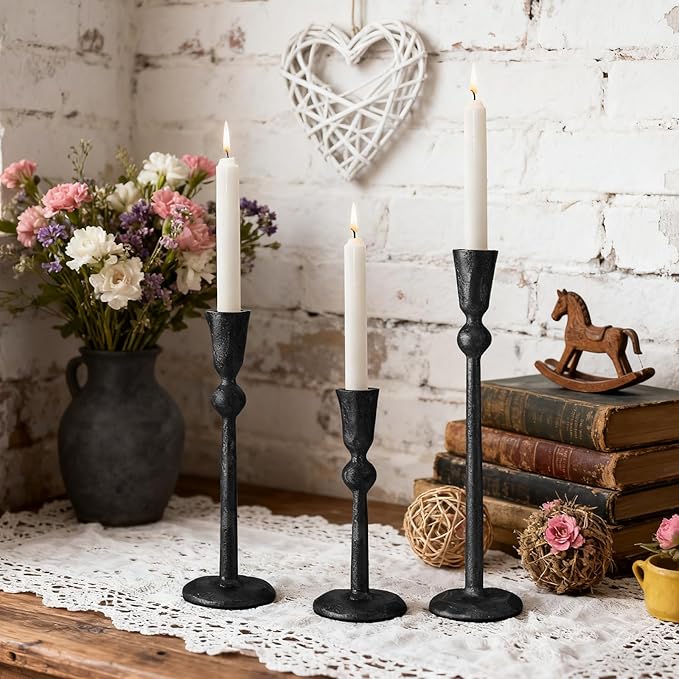 Set of 3 Antique Black Taper Candle Holders Cast Iron Candlestick Holder for Table Centerpieces Wedding Holiday Decor Vintage Decorative Candelabra Style Candle Stick Stand