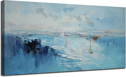 Ardemy Abstract Canvas Wall Art for Living Room Blue Coastal Textured Pictures Paintins Wall Decor Teal Artwork for Walls Home Office Kitchen Bedroom Dining Room Large 48"x24"