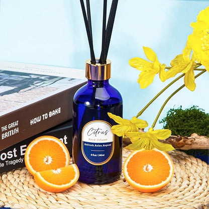 8 OZ Reed Diffusers Set Citrus, Luxury Scented Room Fresheners with 6 Reed Sticks, Luxury Blue Glass Bottle for Bathroom Office Shelf Decor