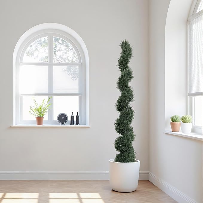 THE BLOOM TIMES 6ft Spiral Artificial Topiary Trees Set of 2, 71 inch Faux Cedar Trees for Outdoor Planters - Fake Twist Cypress Plants for Garden Front Porch Indoor Outside Christmas Decor 6 Foot