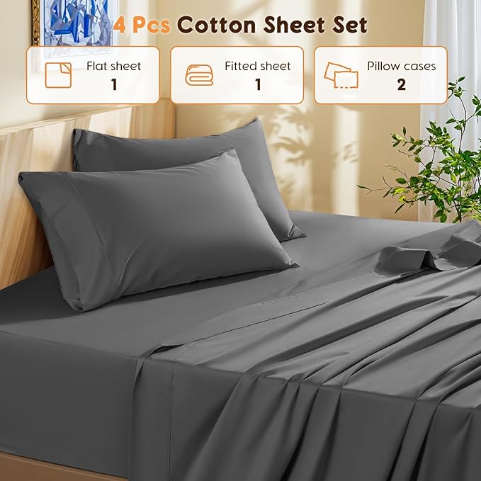 LBRO2M 100% Cotton Sheets Set Queen Size 600 Thread Count 4 Piece Sets Bed Sheet Deep Pocket Up to 16" Soft Comfortable All Season (Queen, Dark Gray)