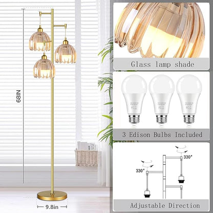 Modern Floor Lamp for Living Room Bedroom-3 Light Gold Floor Lamp with Glass Lampshape, Flower Tall Lamp Glass Standing Lamp Tree Floor Lamps for Living Room Bedroom,Corner