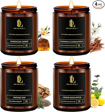 Scented Candles Set, Soy Candles for Home Scented, 4 Pack 28oz Valentine's Day Candle Gifts for Men Women, Scents of Magnolia & Sandalwood/Moroccan Amber/Lemon Eucalyptus/Vintage Oak