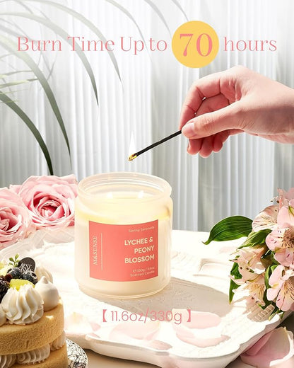 M&SENSE Lychee Peony Peach Scented Candle - 11.6oz 70 Hours Burn Non Toxic Natural Soy Wax Slow Burning Candle, 2-Wick Fruity Scent Gifts for Mom & Stress Relief Relaxing