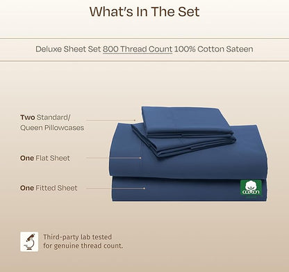 California Design Den Natural 100% Cotton Queen Sheet Set - Luxury Hotel 800 Thread Count Sateen, Soft and Durable Deep Pocket Cooling Sheets with Anti-Skid Elastic - Navy Blue
