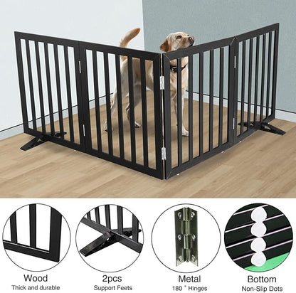 Dog Gate Indoor, Freestanding Dog Fence for The House, Doorways, Hallways,or Stairs,Pet Gate Foldable Wooden,Expandable 24" Height 4 Panels,Black