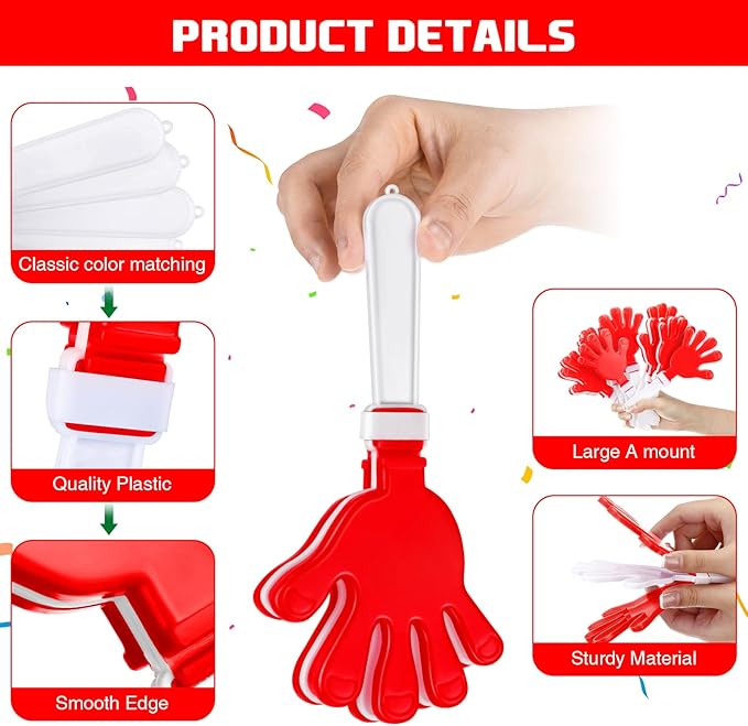 Junkin 100 Pcs Hand Clappers Bulk 7. 5 x 3. 5 Inches Noise Makers Party Favors Clapping Noise Maker Clacker for Birthdays Game Prizes Rewards Football Sporting Events Cheers Supplies (Red White)