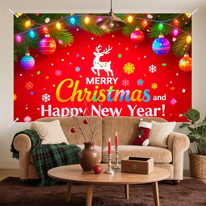 Nuxovilar Happy New Year & Christmas Banner, Twinkling Lights Fusion Backdrop for Holiday Party Decorations, 71x43 Inch