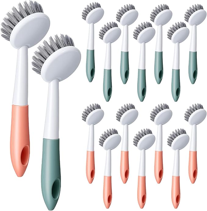 16 Pack Kitchen Scrub Dish Brush with Long Handle Dish Scrubber with Stiff Bristles Scrub Brushes for Housekeeping for Pots and Pans, Kitchen Sink, Multicolor