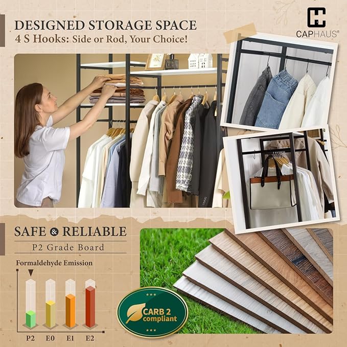 CAPHAUS 913lbs Capacity Garment Rack for Hanging Clothes, Heavy Duty Open Wardrobe w/Hanging Rods, Free Standing Closet Organizer, Clothing Rack, Metal Closet w/Wooden Boards, Rustic Oak Board