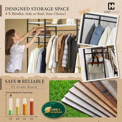 CAPHAUS 913lbs Capacity Garment Rack for Hanging Clothes, Heavy Duty Open Wardrobe w/Hanging Rods, Free Standing Closet Organizer, Clothing Rack, Metal Closet w/Wooden Boards, Rustic Oak Board
