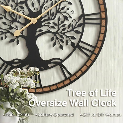 Micasso Non-Ticking Oversize Wall Clock: 32Inch Tree of Life Metal Black with Solid Wood Frame - Silent Battery Operated Clock for Living Room/Fireplace/High-Ceiling - Home Decor for Housewife