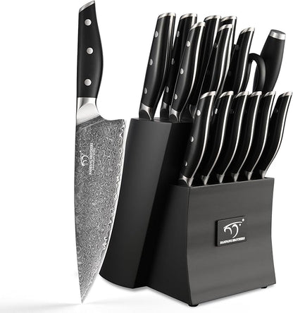 Damascus Knife Set with Block for Kitchen, VG10 Core Damascus Steel Chef Knife Set with Triple-Rivet Handle, Knife Sharpener, 16PCS with Ash Wood Knife Block