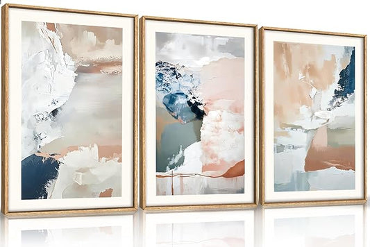 Large Abstract Brush Strokes Framed Canvas Wall Art,Neutral Navy Blue Wall Decor,Modern Pastel Wall Painting,Grey White Toned Artwork for Living Room,Bedroom,Dining Room,Office -24"x36"x3