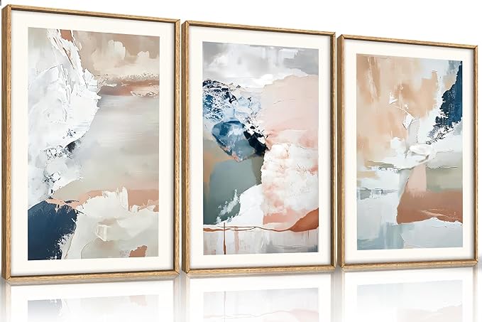 Large Abstract Brush Strokes Framed Canvas Wall Art,Neutral Navy Blue Wall Decor,Modern Pastel Wall Painting,Grey White Toned Artwork for Living Room,Bedroom,Dining Room,Office -16"x24"x3