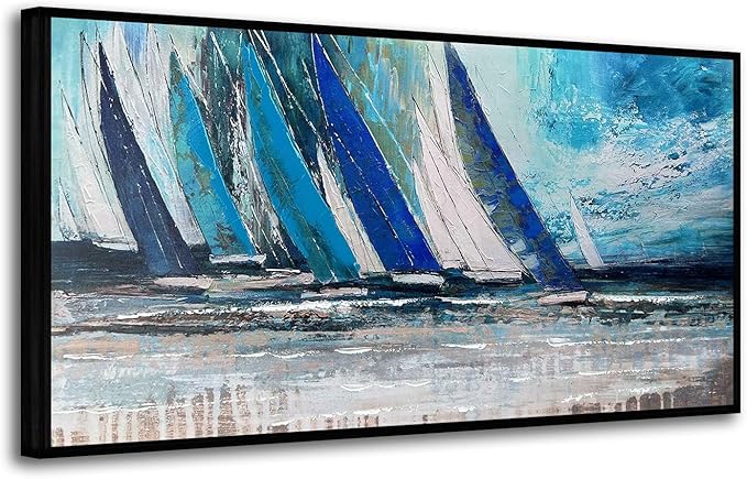 Arjun Framed Wall Art Blue Abstract Wall Art Canvas for Living Room, Teal Coastal Nautical Sailboat Picture Painting Artwork Bedroom Home Office Wall Decor, Black Wood Large 48"x24"