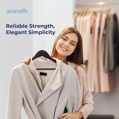 SereneLife 50 Brown Wooden Hangers Non-Slip Heavy Duty Suit and Coat Hanger Set with Chrome 360° Swivel Hook Notches Design for Closet Organization Clothes Pants Durable 10 lb Capacity